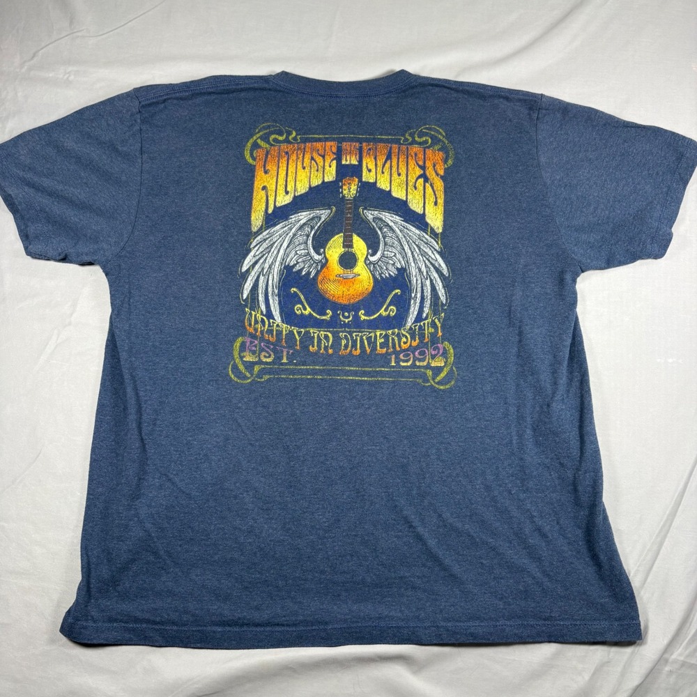 House of Blues Las Vegas Graphic T-Shirt Mens XL Blue Heather Winged Guitar Tee